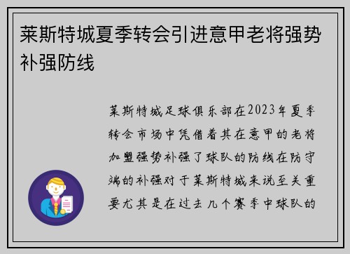 莱斯特城夏季转会引进意甲老将强势补强防线
