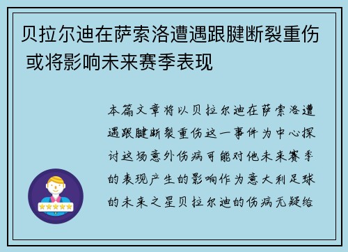 贝拉尔迪在萨索洛遭遇跟腱断裂重伤 或将影响未来赛季表现 贝拉尔迪在萨索洛遭遇跟腱断裂重伤 或将影响未来赛季表现
