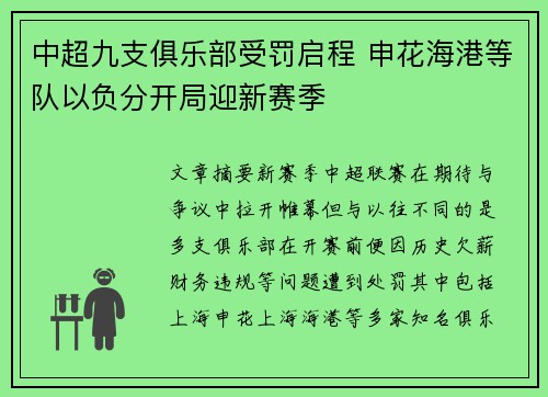中超九支俱乐部受罚启程 申花海港等队以负分开局迎新赛季
