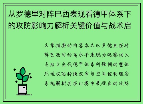 从罗德里对阵巴西表现看德甲体系下的攻防影响力解析关键价值与战术启示