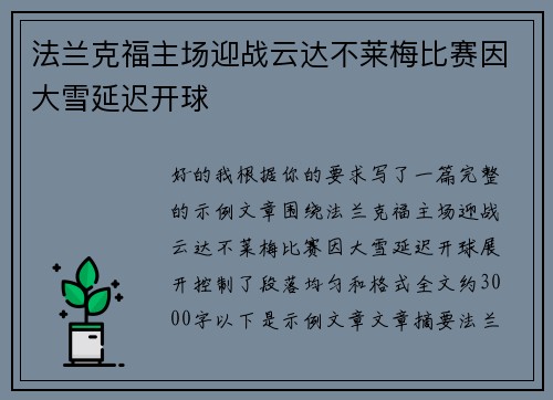 法兰克福主场迎战云达不莱梅比赛因大雪延迟开球 法兰克福主场迎战云达不莱梅比赛因大雪延迟开球