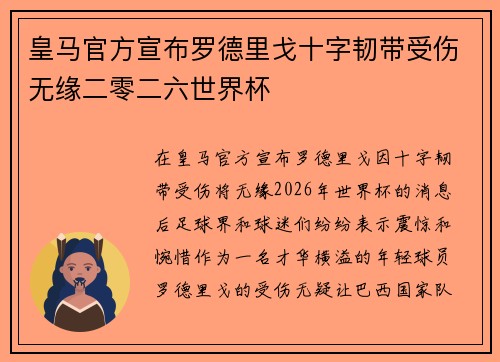 皇马官方宣布罗德里戈十字韧带受伤无缘二零二六世界杯